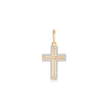 Gold cross pendant with smooth center, outlined by stones, and a loop for chain attachment.