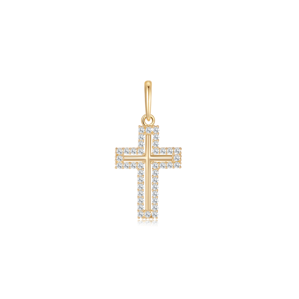 Gold cross pendant with smooth center, outlined by stones, and a loop for chain attachment.