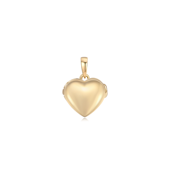 Heart-shaped gold pendant with a shiny surface and a loop for attaching to a chain.