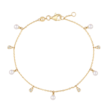 Gold bracelet with pearls and gemstone-like pendants on a thin chain, lobster claw clasp closure.