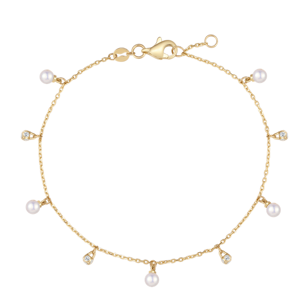 Gold bracelet with pearls and gemstone-like pendants on a thin chain, lobster claw clasp closure.