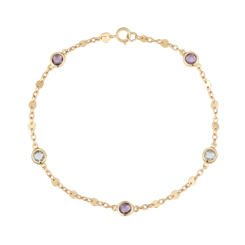 Gold bracelet with purple and light blue gemstones, evenly spaced, by Støvring Design.