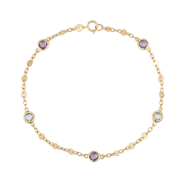 Gold bracelet with purple and light blue gemstones, evenly spaced, by Støvring Design.
