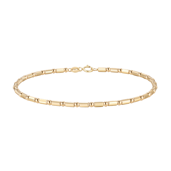 Gold bracelet with cylindrical and spherical links, alternating design, and circular clasp from Støvring.