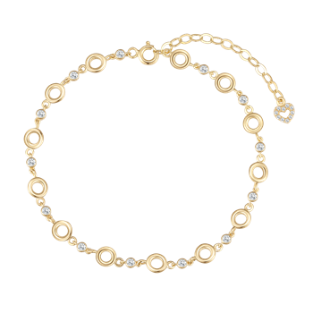Gold bracelet with circular links, gemstones, adjustable chain, and heart charm.