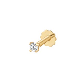 Gold labret piercing with clear gemstone in prong setting and flat disc back from Støvring Design.