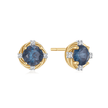 Gold earrings with a round blue gemstone, accented by four small clear stones in a gold setting.