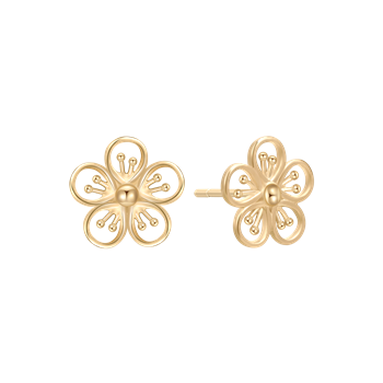 Gold earrings with floral design, five open petals, spherical center, intricate and elegant style.