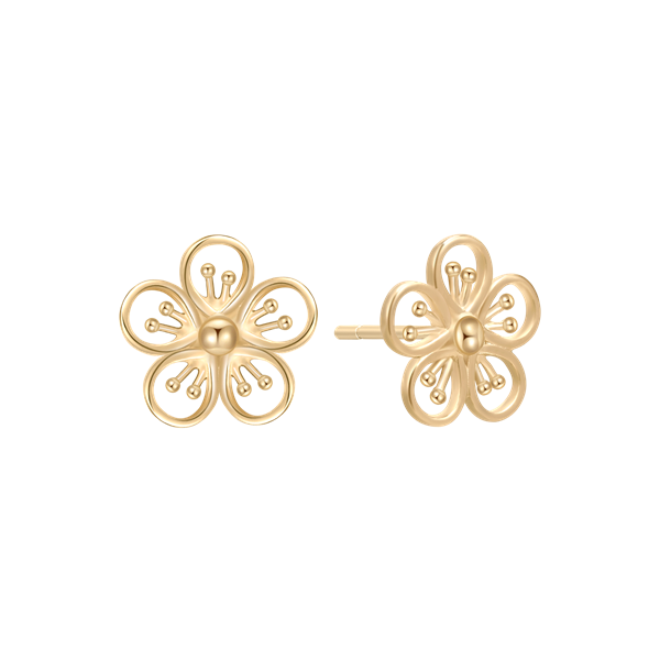 Gold earrings with floral design, five open petals, spherical center, intricate and elegant style.