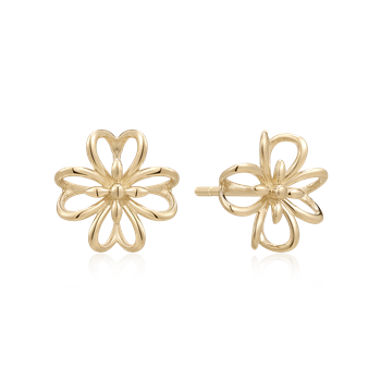 Gold floral stud earrings with symmetrical open petals and a delicate design, featuring a visible post.