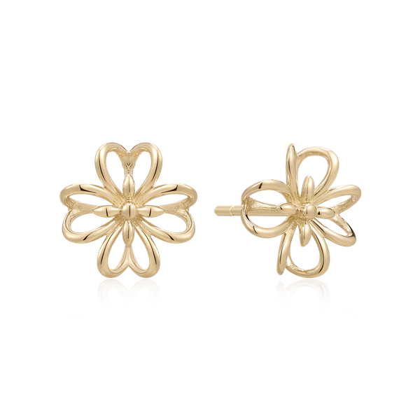 Gold floral stud earrings with symmetrical open petals and a delicate design, featuring a visible post.