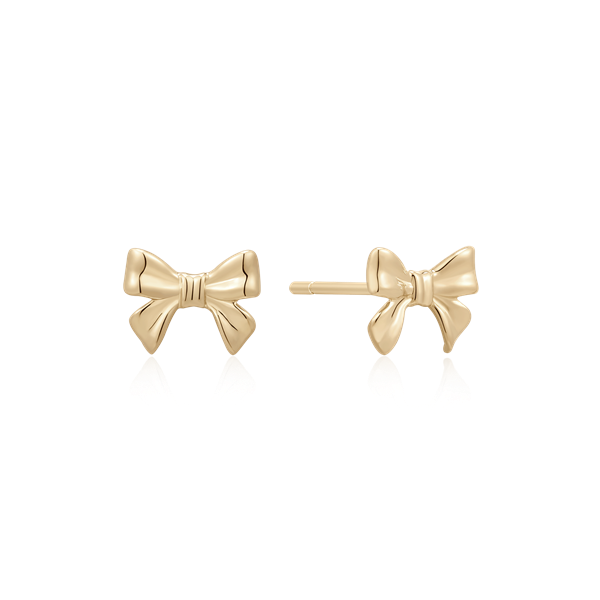 Gold bow-shaped earrings with a polished finish and post for fastening from Støvring Design.
