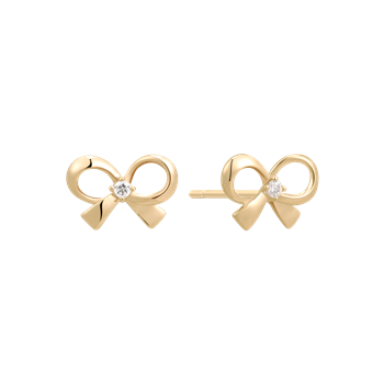 Gold bow-shaped earrings with a central clear stone and glossy finish from Støvring Design.