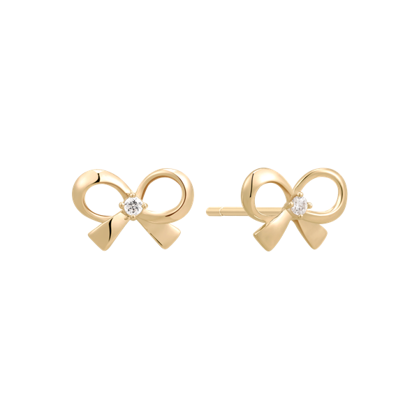 Gold bow-shaped earrings with a central clear stone and glossy finish from Støvring Design.