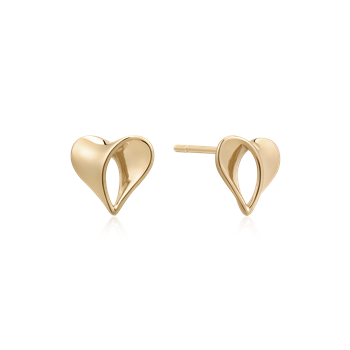 Gold heart-shaped earrings with hollow centers, polished surfaces, and visible posts for fastening.