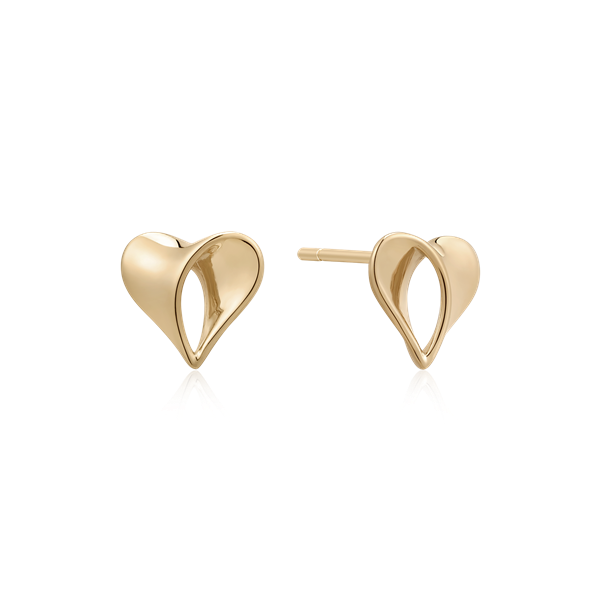 Gold heart-shaped earrings with hollow centers, polished surfaces, and visible posts for fastening.