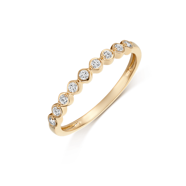 Gold ring with evenly spaced round stones on top half, smooth shiny finish, by Støvring Design.