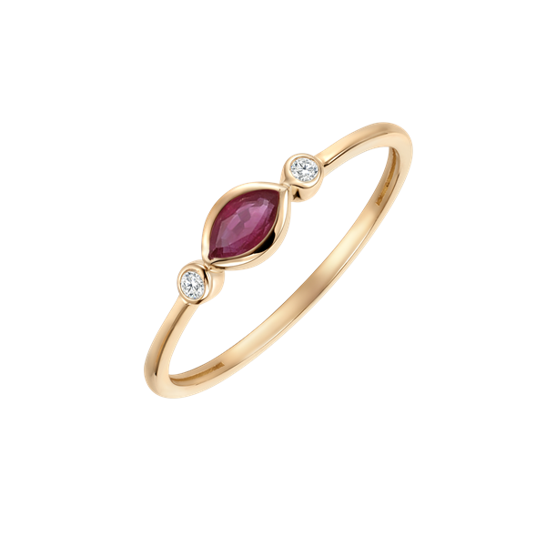 Gold ring with marquise red stone, flanked by two clear stones, on a smooth, slim band.