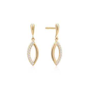Gold teardrop earrings with clear stones on the edge and a hook fastening from Støvring Design.