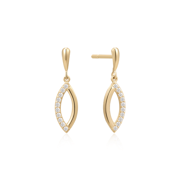 Gold teardrop earrings with clear stones on the edge and a hook fastening from Støvring Design.