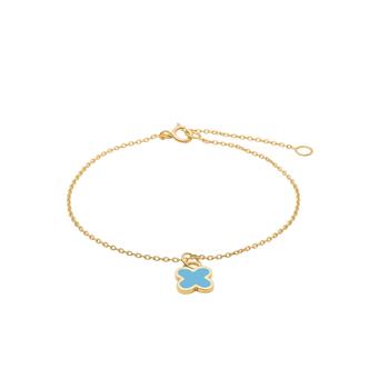 Gold bracelet with a blue-centered flower pendant and adjustable clasp with extension chain.