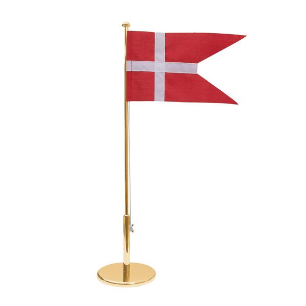Gold flagpole with a round base, red flag featuring a white cross, simple design, no motifs.