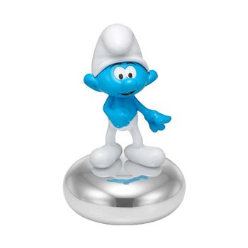 Smurf with blue skin and white clothes on a shiny base, arms outstretched in a cheerful pose.