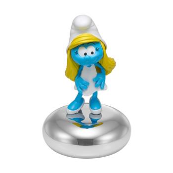 Smurfette figure with blue skin, white dress and hat, yellow hair, on a shiny silver base.
