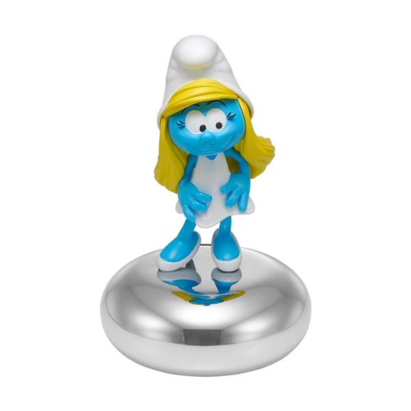 Smurfette figure with blue skin, white dress and hat, yellow hair, on a shiny silver base.