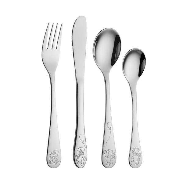 Stainless steel fork, knife, large and small spoons with engraved teddy bear designs on handles.