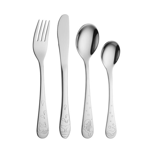 Shiny stainless steel cutlery set with marine engravings; includes fork, knife, large and small spoon.