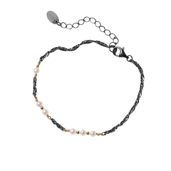Armbånd & halskæde i sterlingsølv oxyderet/forgyldt med ferskvandsperler 16+4cm from San - Links of Joy