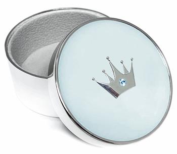 Round jewelry box, light blue lid with silver crown and gemstone, open to show lined interior.