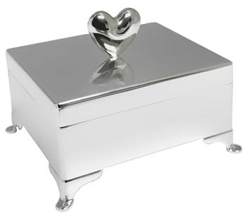 Silver jewelry box with heart handle, reflective surface, and four ornate legs.