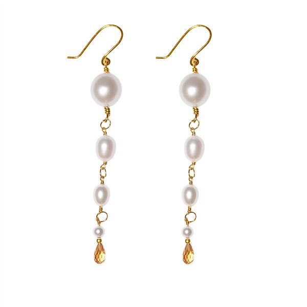 Gold hook earrings with descending freshwater pearls and amber crystal drops.