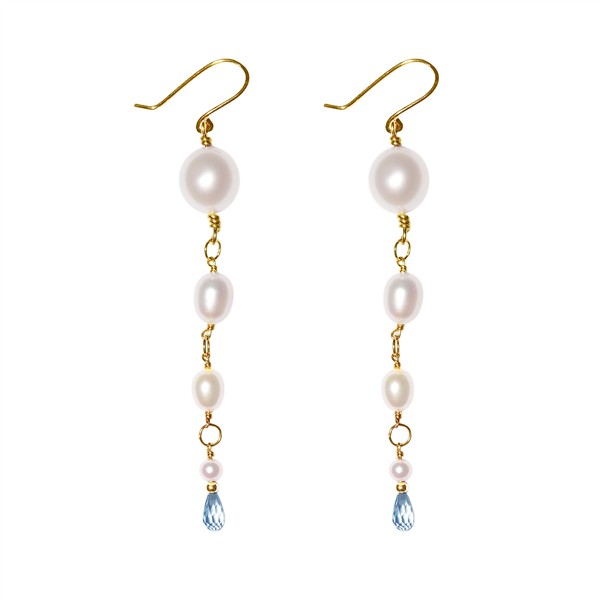 Elegant gold earrings with white pearls and light blue stones, featuring French wire hooks.
