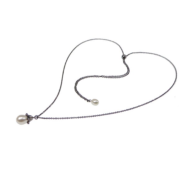 Halskæde -Længde justeres trinløs.Sort Rhodineret/ Hvid Ferskvandsperle 80cm from San - Links of Joy