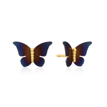 Sølvforgyldt butterfly earrings with central spheres and dark gradient, reflective surface.