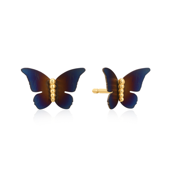 Sølvforgyldt butterfly earrings with central spheres and dark gradient, reflective surface.