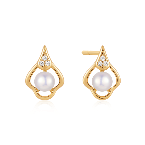 Teardrop earrings with central pearl and three stones above, set in a silver-gilt frame.