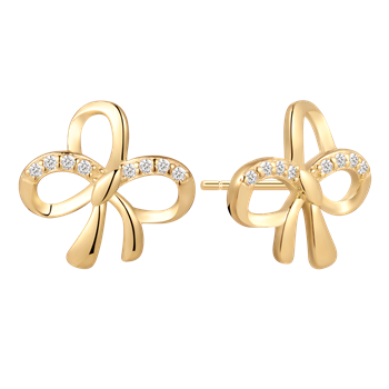 Gold bow-shaped earrings with sparkling stones on the top loop, polished finish.
