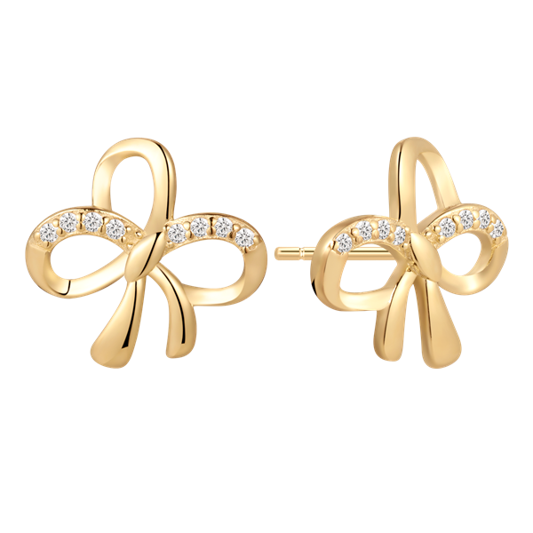 Gold bow-shaped earrings with sparkling stones on the top loop, polished finish.
