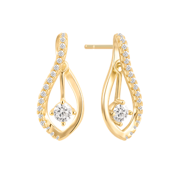 Gold teardrop earrings with central suspended stone and outer edge encrusted with small stones.