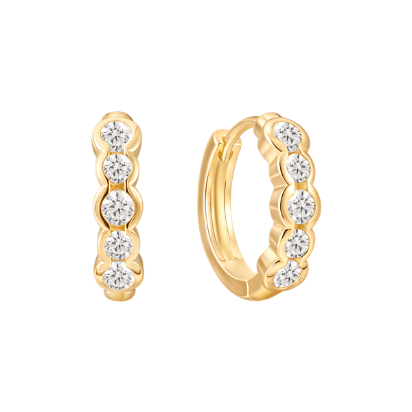 Gold hoop earrings with six clear stones in a scalloped design from Støvring Design.