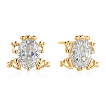 Gold-colored frog-shaped earrings with detailed limbs and an oval clear gemstone at the center.