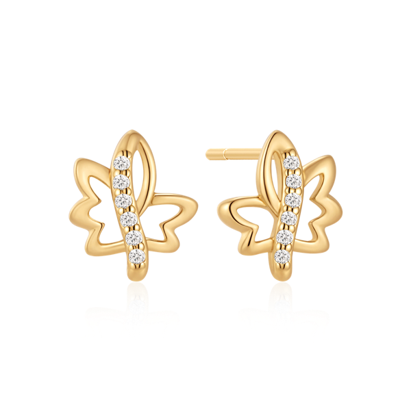 Gold leaf-shaped earrings with central clear stones and a polished finish.