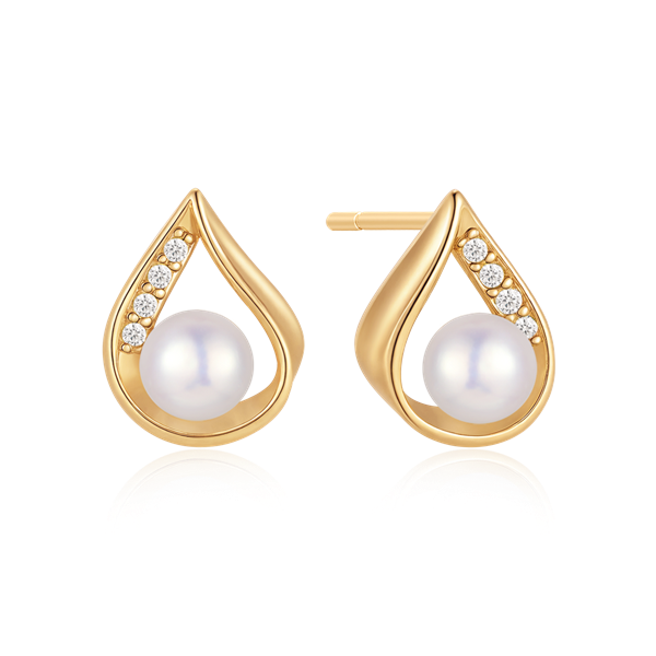 Gold teardrop earrings with pearls and five small stones on one side from Støvring Design.