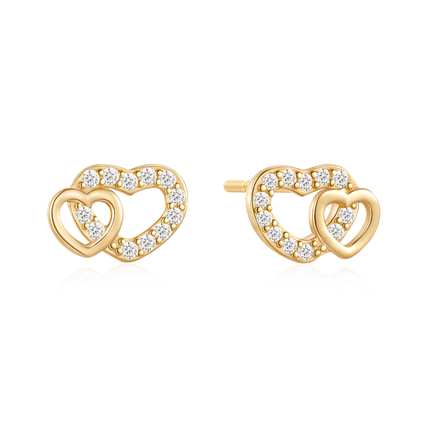 Gold-toned heart earrings with stone accents, featuring interlocking heart design.
