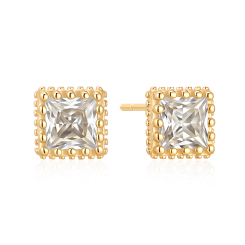 Square earrings with central clear stone, gold border, round embellishments, and visible post attachment.