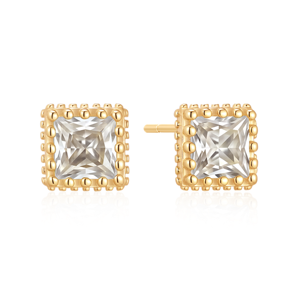 Square earrings with central clear stone, gold border, round embellishments, and visible post attachment.